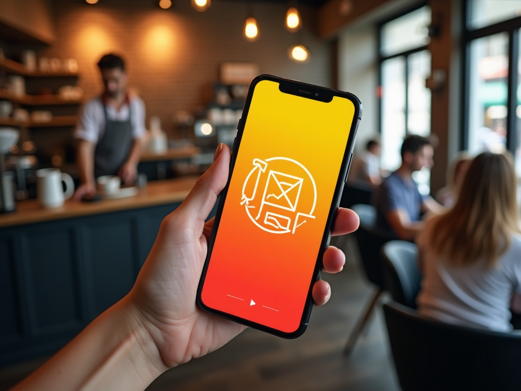 Рука держит смартфон с символом почты на экране в кафе.