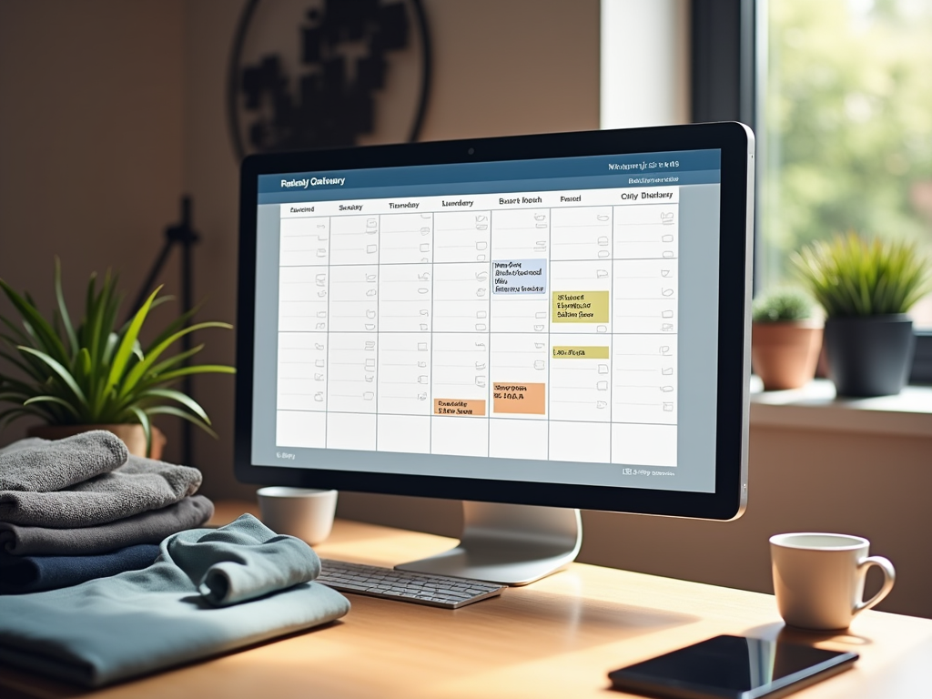Экран компьютера с расписанием на неделю в кабинете, стопка одежды и чашка кофе на столе.