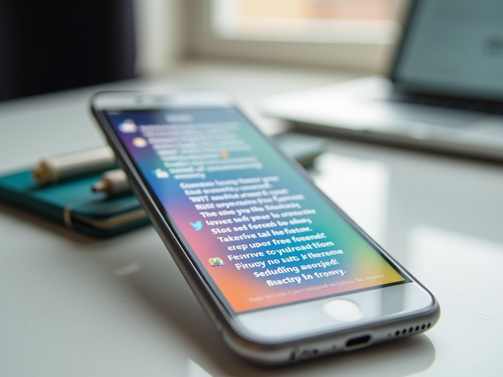 Смартфон на столе отображает открытое приложение с текстом. За телефоном виден ноутбук и предметы.