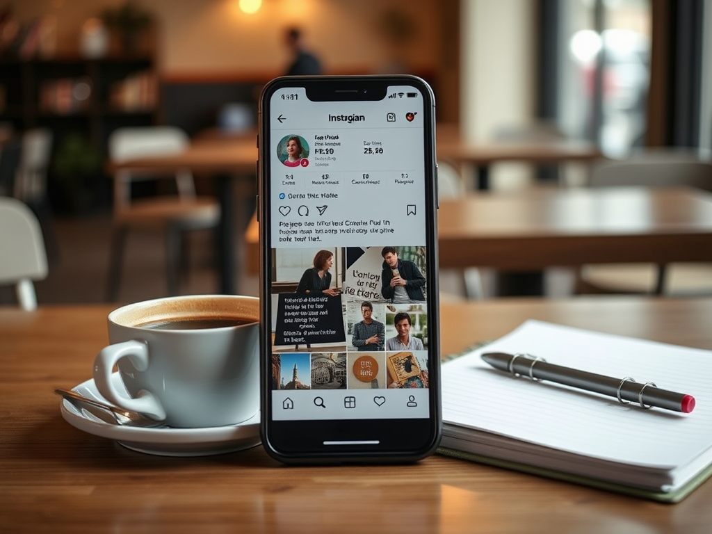На столе в кафе лежит смартфон с открытым Instagram, рядом кружка с кофе и блокнот с ручкой.