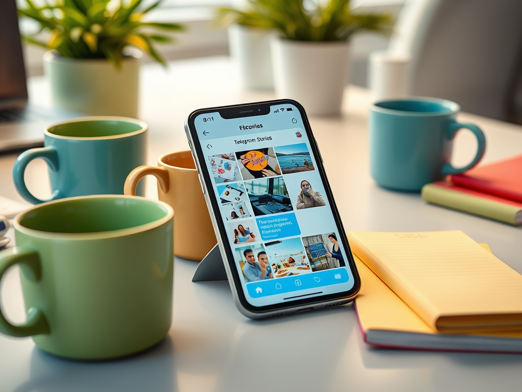 Смартфон на столе с открытым приложением, рядом чашки и блокноты, создавая атмосферу креативной работы.