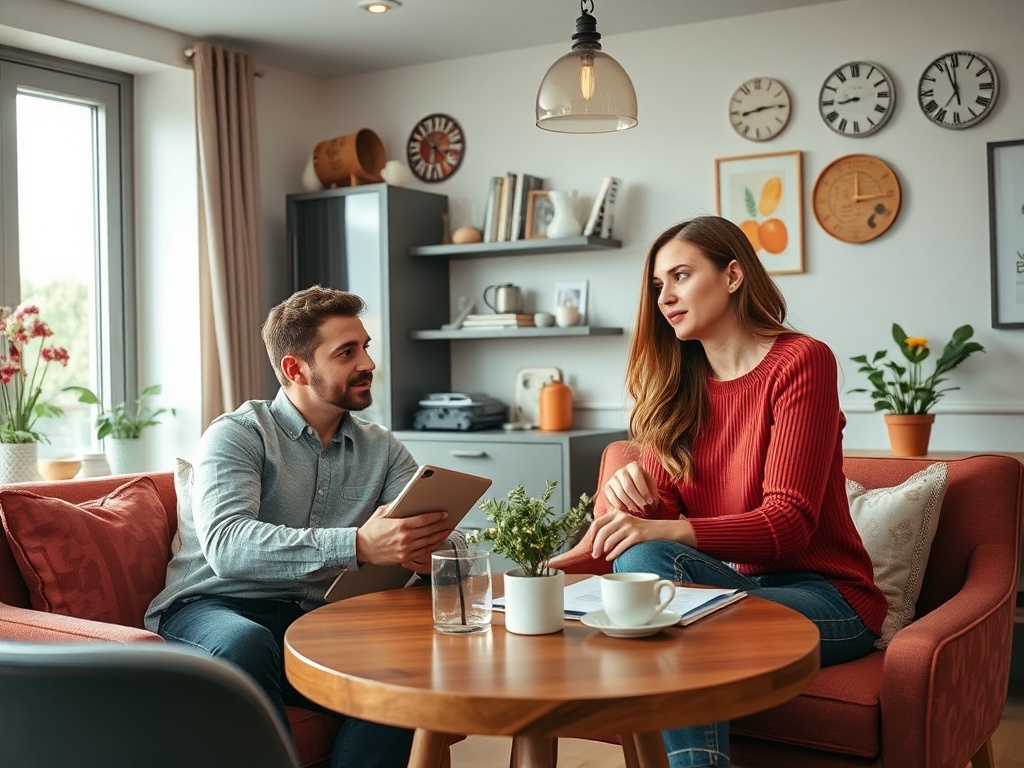 Мужчина и женщина беседуют в уютной комнате, окружённые растениями и часами на стене.