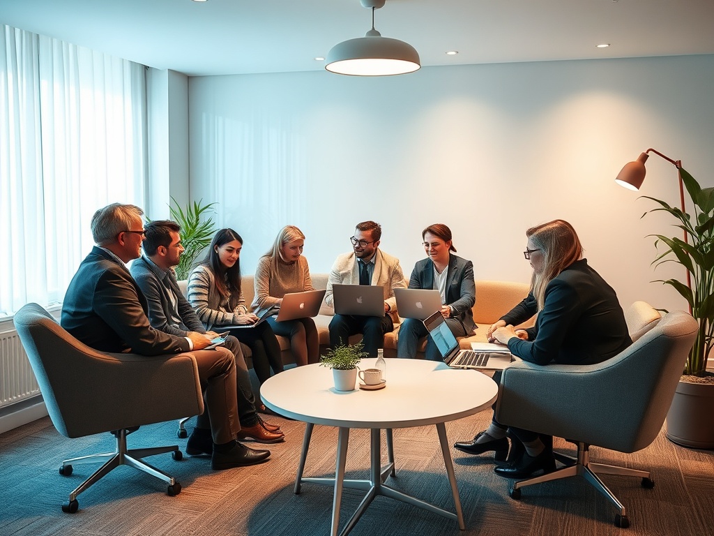 В офисе группа людей обсуждает идеи за круглым столом с ноутбуками и растениями в окружении.