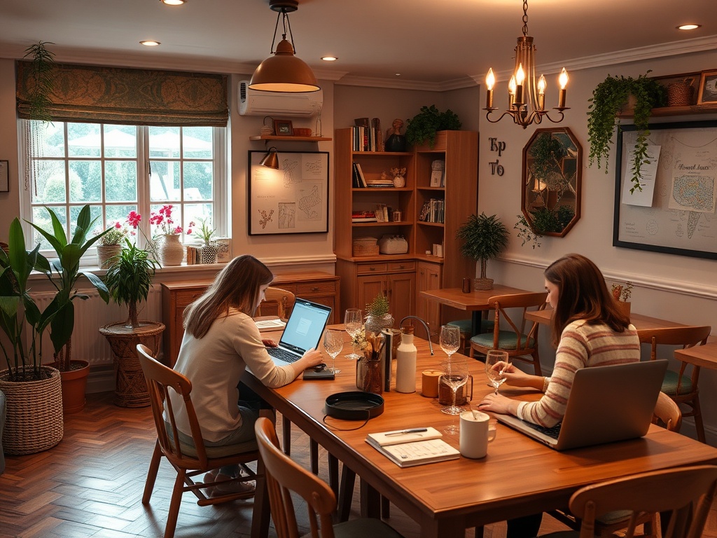 Женщины работают за столом в уютном помещении, окружённом растениями и книгами. Уютная обстановка.