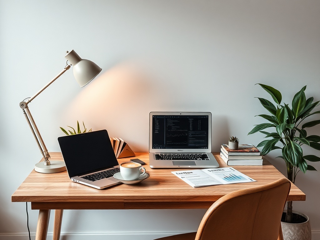 Современный рабочий стол с двумя ноутбуками, настольной лампой и зелёным растением. Чашка кофе и книги.