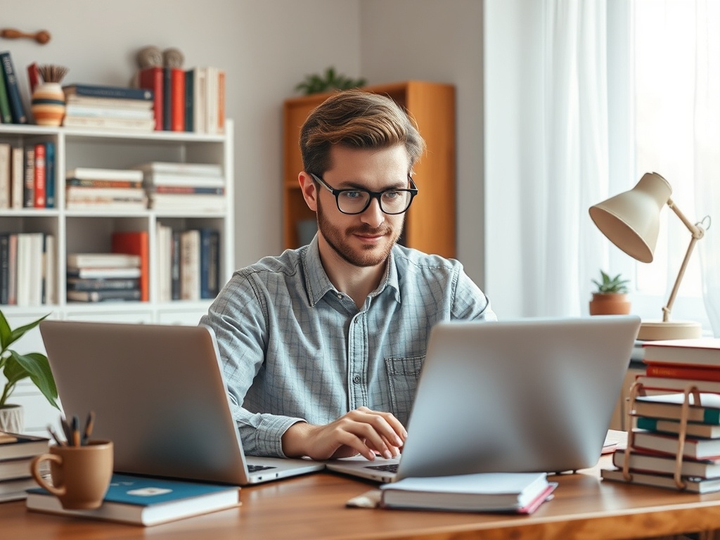 Молодой человек работает за столом с двумя ноутбуками, окружённый книгами и растениями.