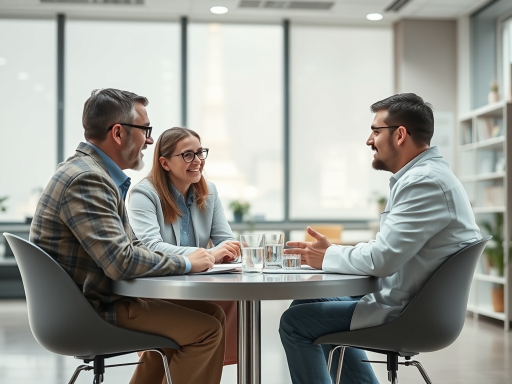 Трое людей за столом в офисе ведут беседу. Видно, что они дружелюбны и вовлечены в разговор.