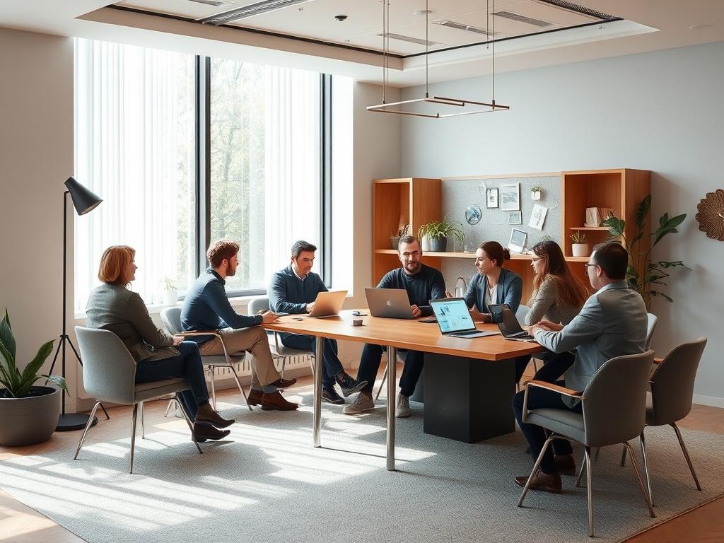 Группа людей на деловой встрече в современном офисе, обсуждающих идеи за круглым столом.