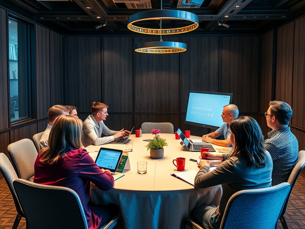 Группа людей на деловой встрече в конференц-зале с ноутбуками и презентацией на экране.
